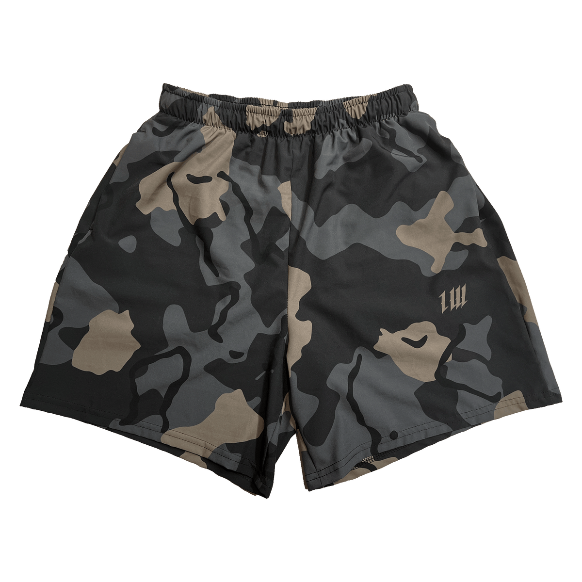 Urban assault camo gym shorts, front