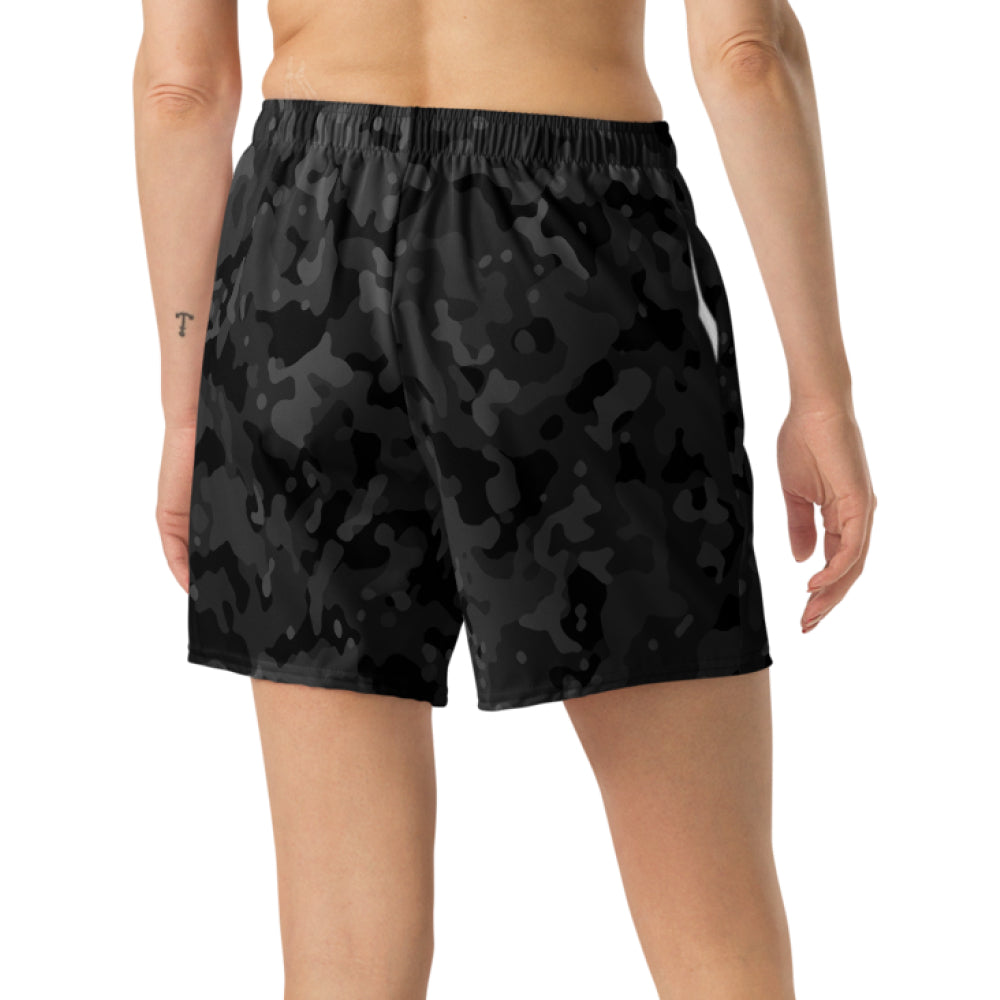 Black Camo Long Gym Shorts, worn, back