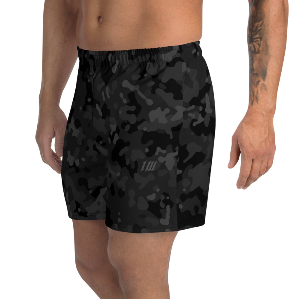 Black Camo Long Gym Shorts, worn, front