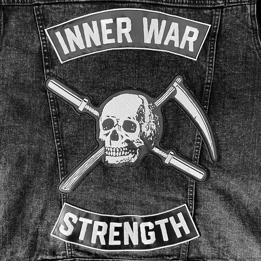Reap Embroidered Back Patch Set, three patches laid out on denim