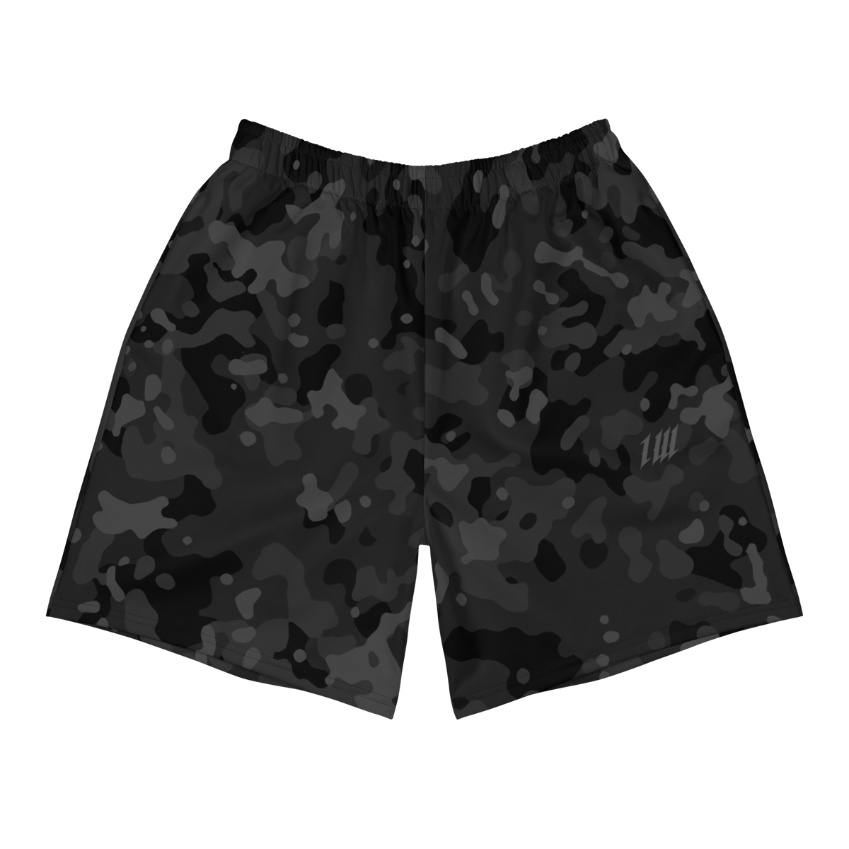 Black Camo Long Gym Shorts, front