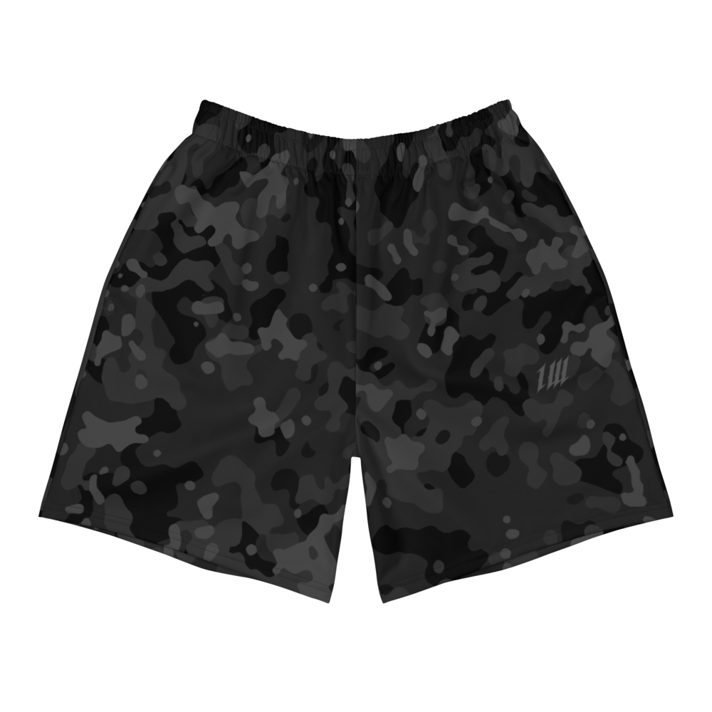 Black Camo Long Gym Shorts, front