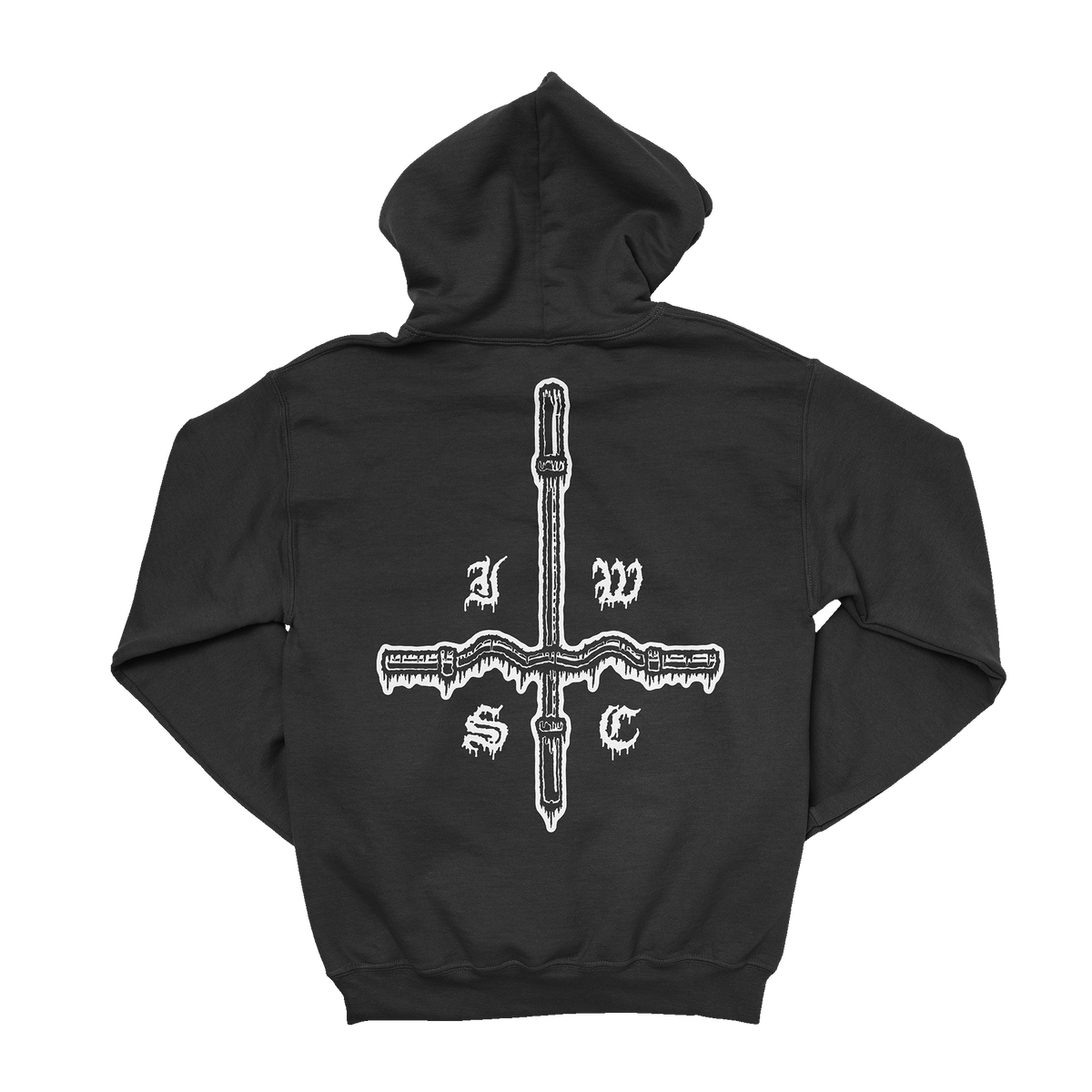 Strength Cult Cross Black Hoodie, back with barbell inverted cross