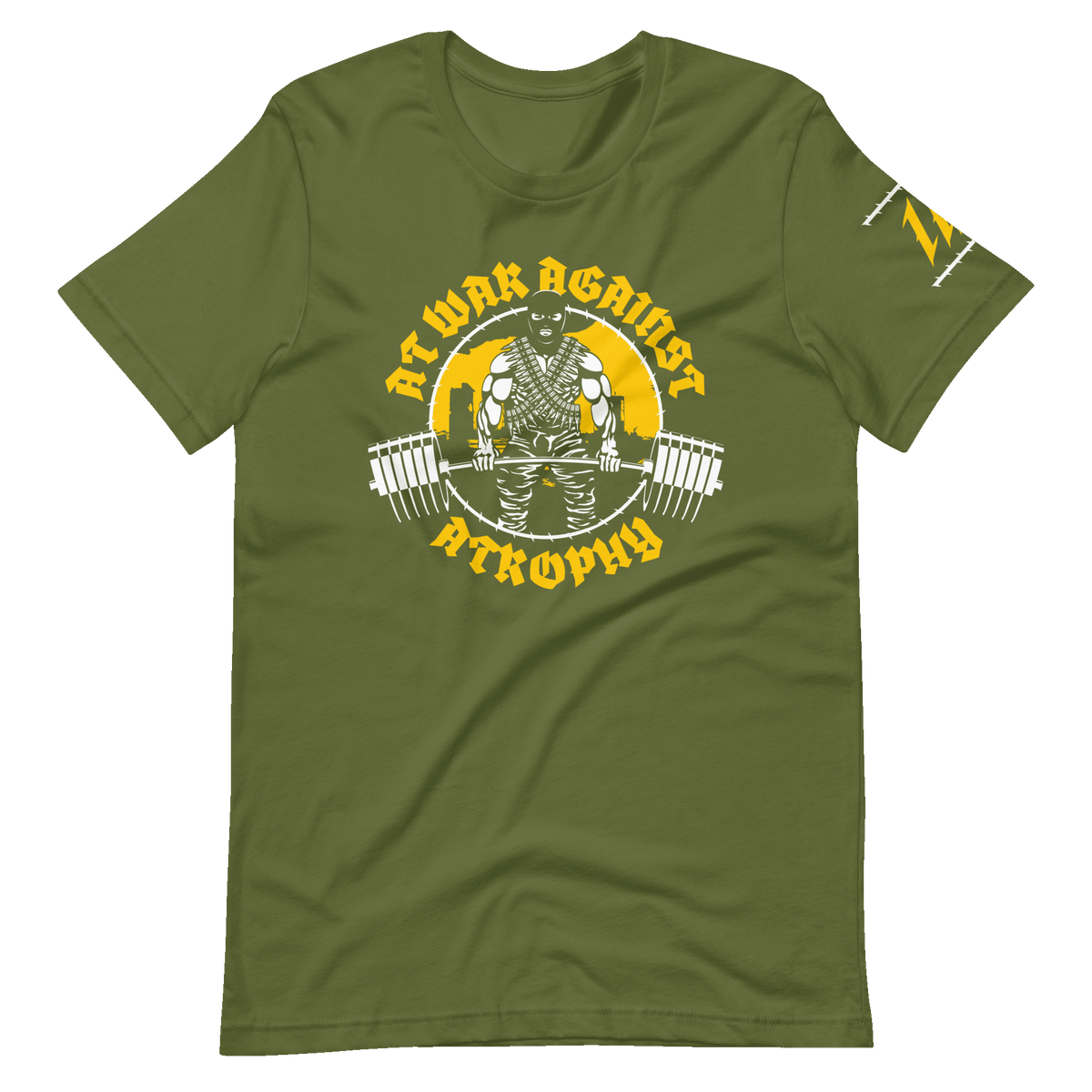 Iron Dissident Olive Gym T-Shirt, front, right angle with sleeve logo