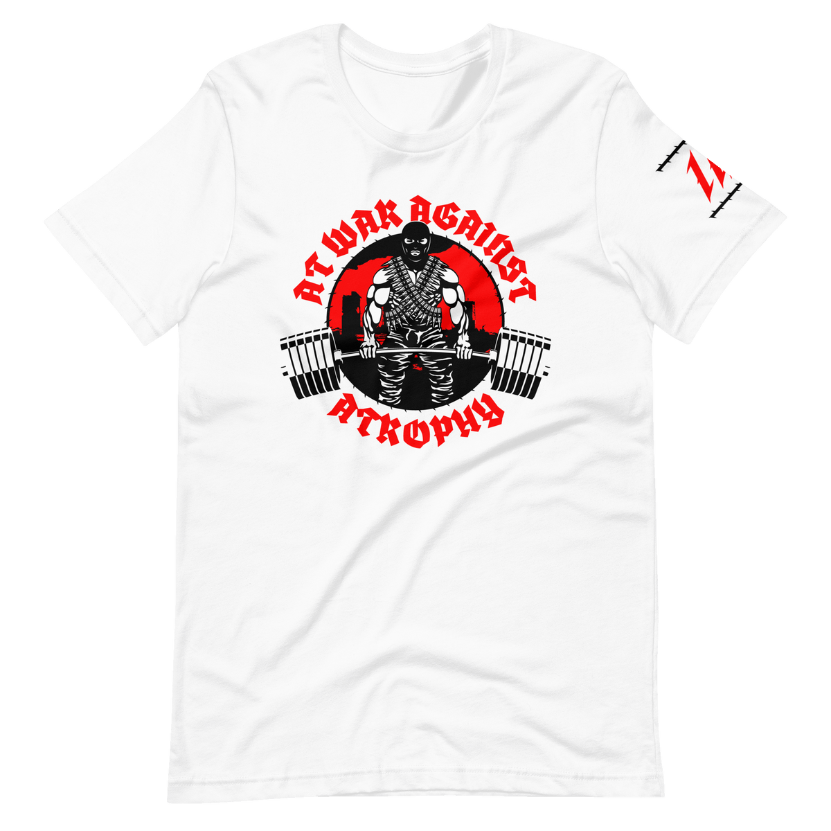 Iron Dissident White Gym T-Shirt, front, right angle with sleeve logo