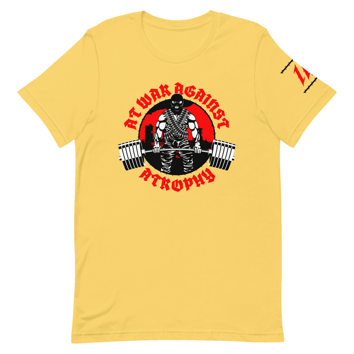 Iron Dissident Yellow Gym T-Shirt, front, right angle with sleeve logo