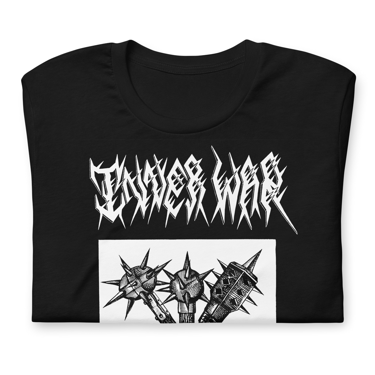 Weapons of War Black Gym Tee, folded, showing the print