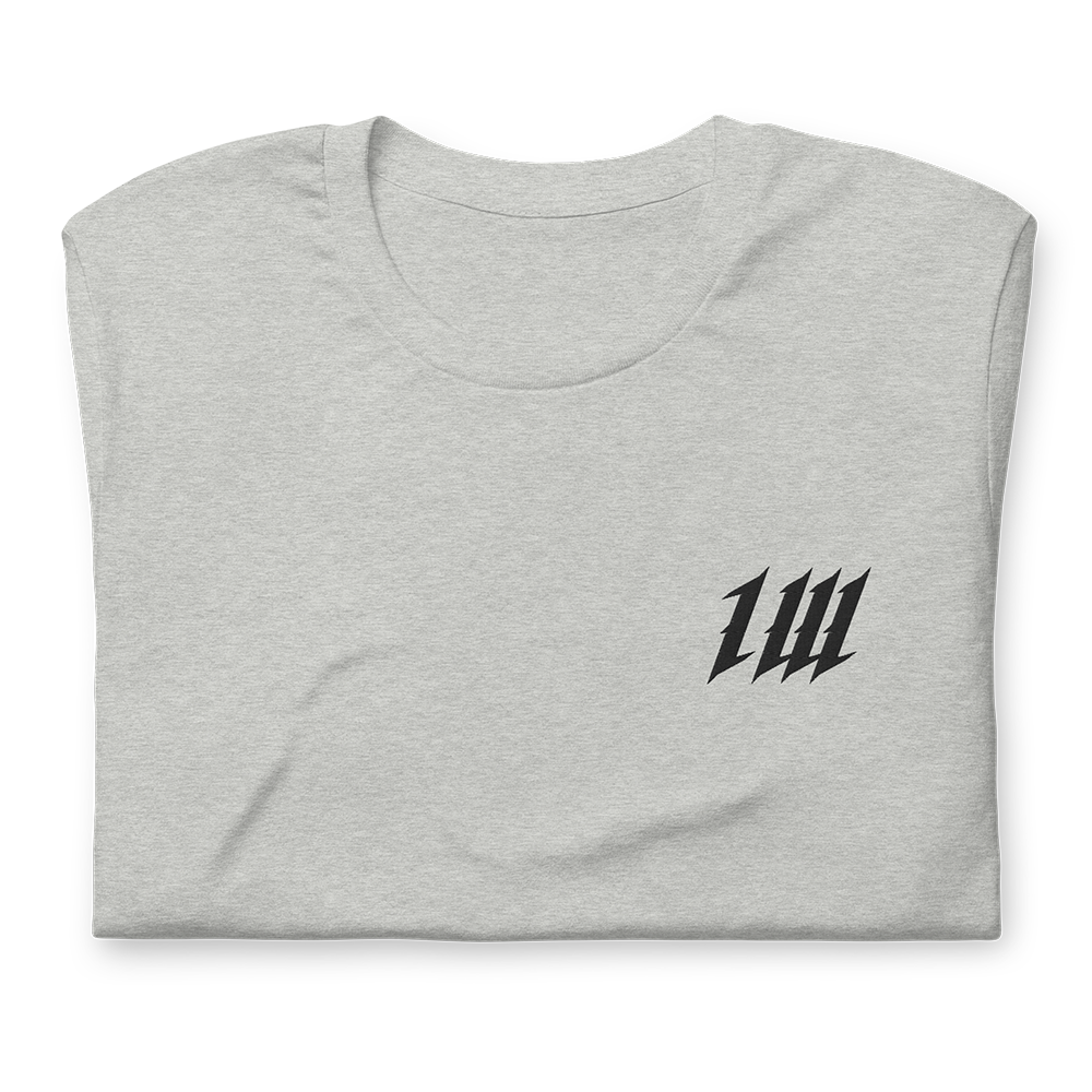 Minimal Ash Grey Gym T-Shirt, folded, showing the embroidery