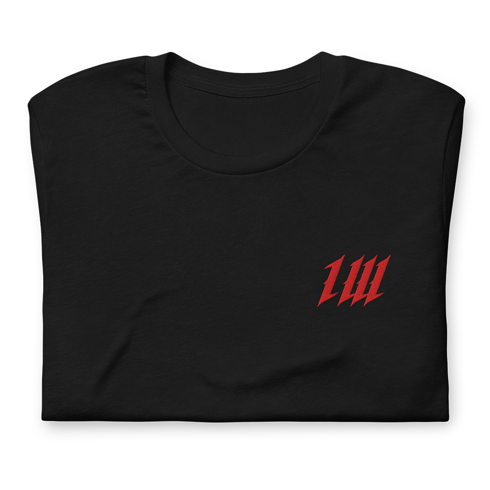 Minimal Black Gym T-Shirt, folded, showing the embroidery