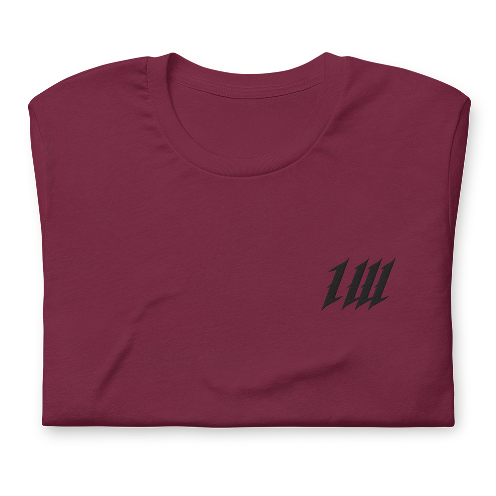 Minimal Oxblood Red Gym T-Shirt, folded, showing the embroidery