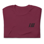 Minimal Oxblood Red Gym T-Shirt, folded, showing the embroidery