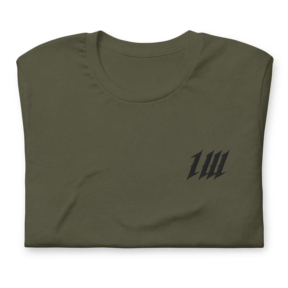 Minimal Olive Drab Gym T-Shirt, folded, showing the embroidery