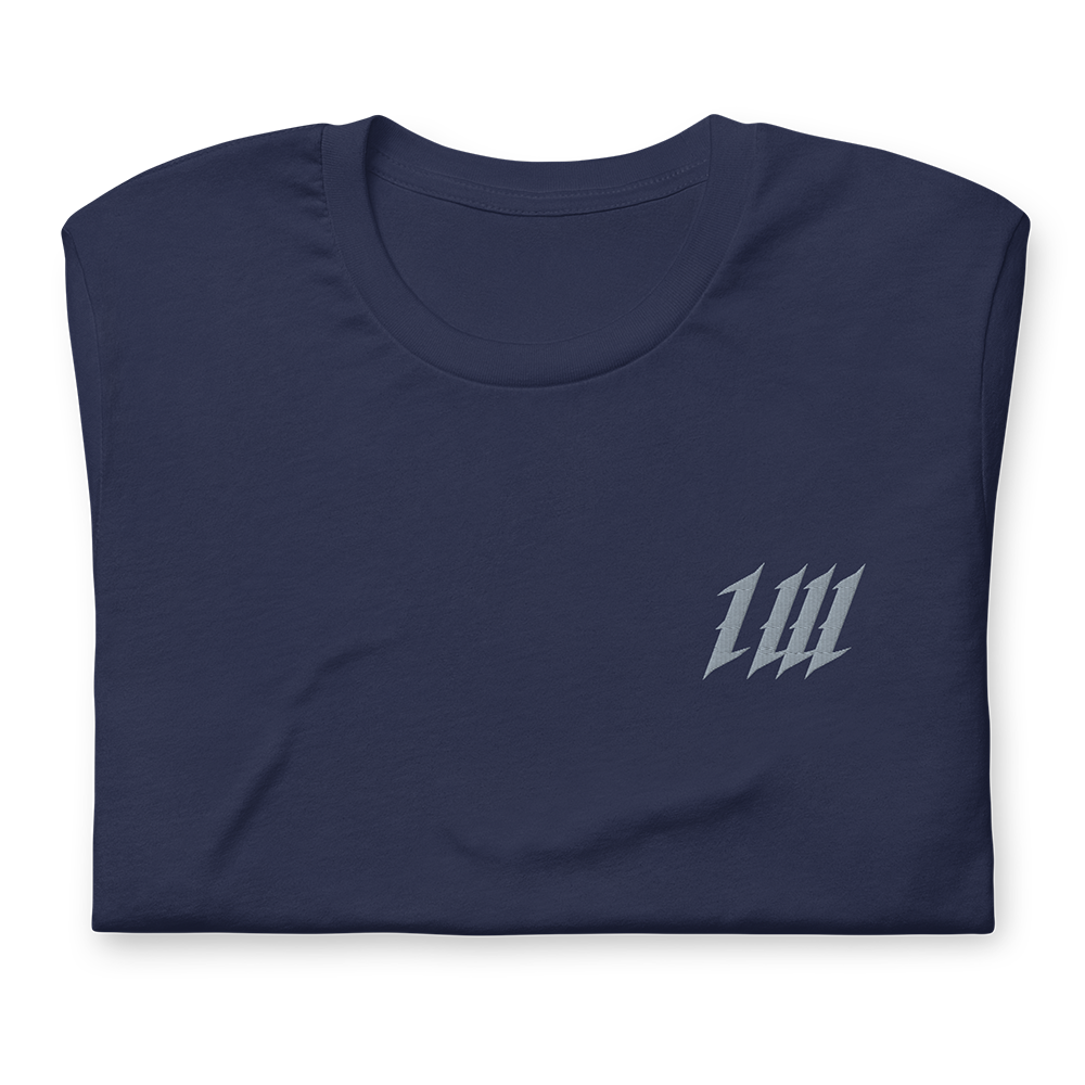 Minimal Navy Gym T-Shirt, folded, showing the embroidery
