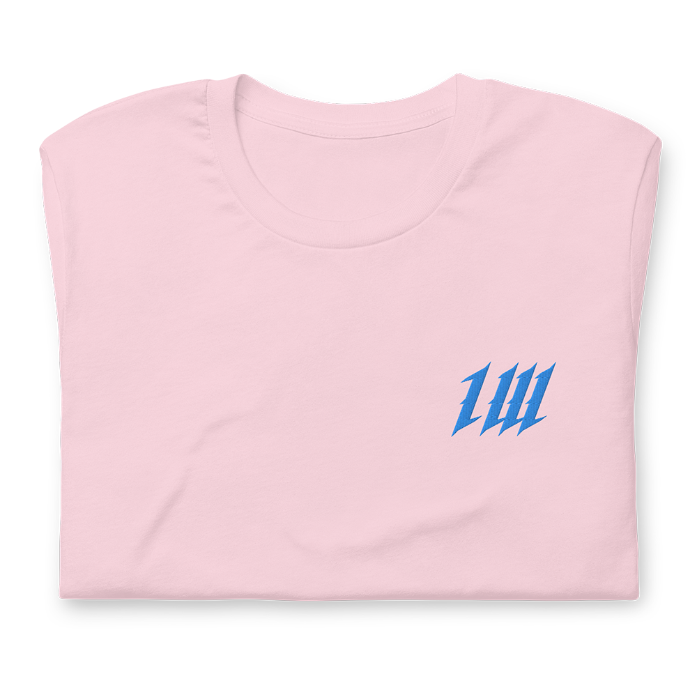Minimal Miami Pink Gym T-Shirt, folded, showing the embroidery