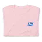 Minimal Miami Pink Gym T-Shirt, folded, showing the embroidery