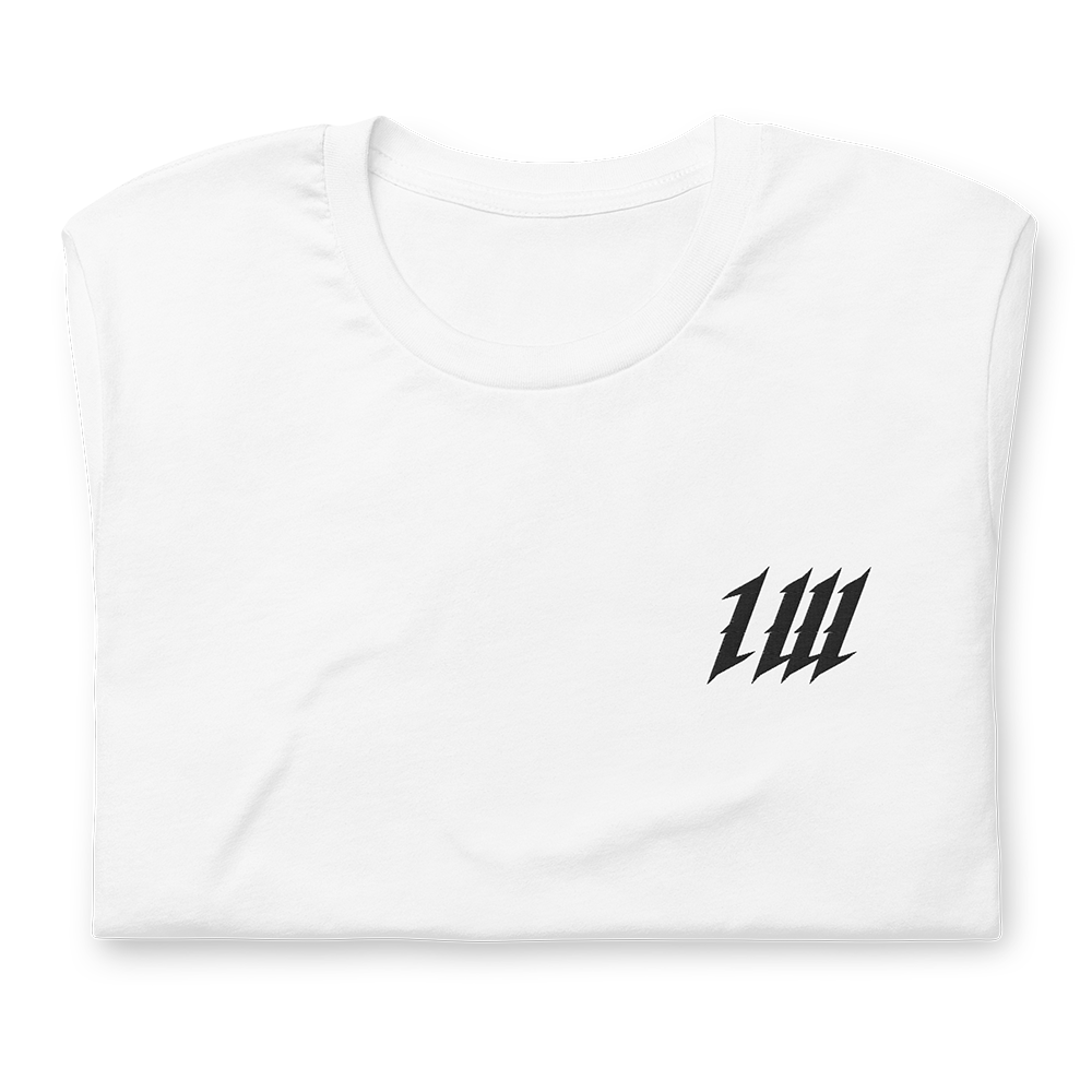Minimal White Gym T-Shirt, folded, showing the embroidery