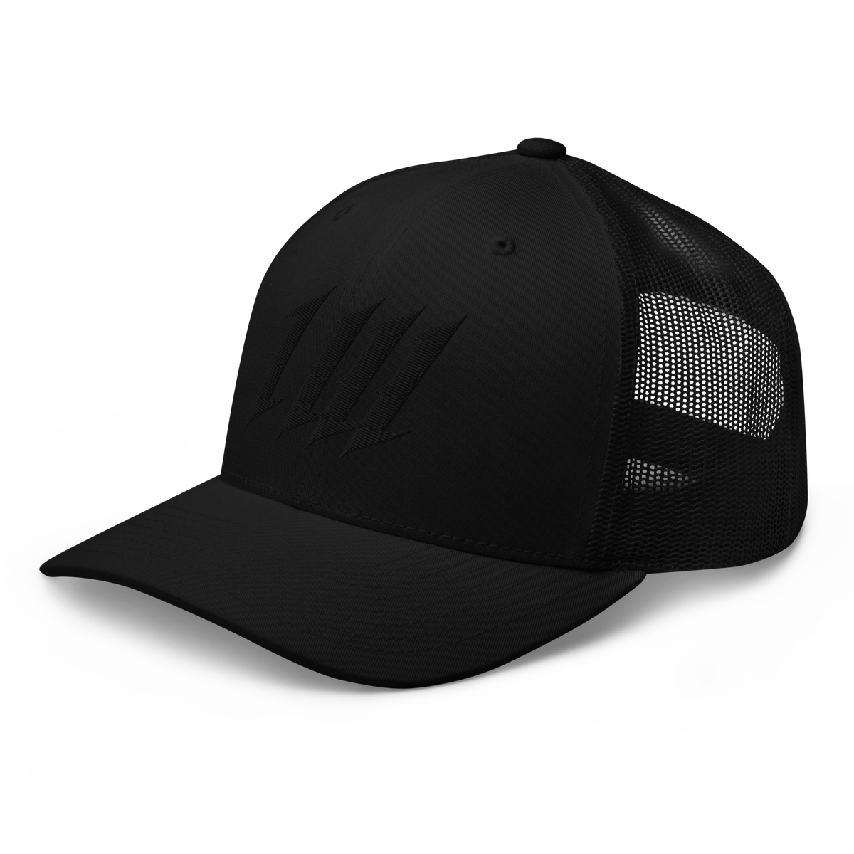 Blacked Out Trucker Cap, three-quarter view
