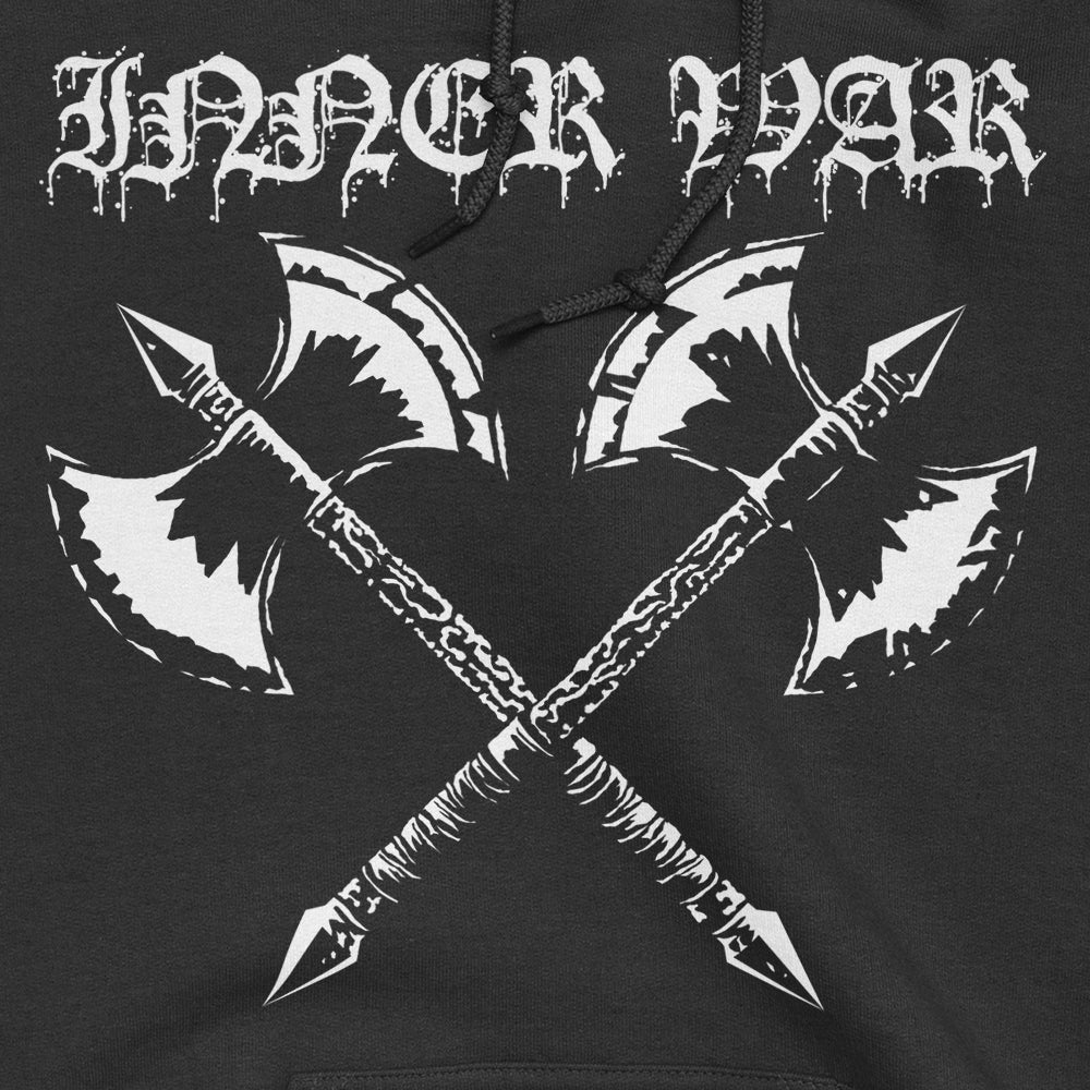 Barbaric Axes Black Gym Hoodie, print close-up