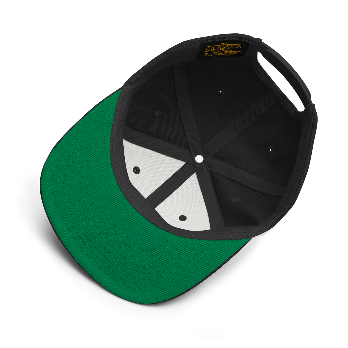 Warskull Black Snapback Hat, underside of the green brim